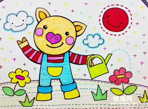 小猪浇花儿童水彩画