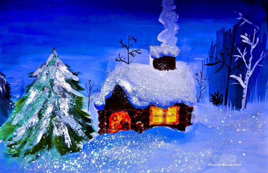 冬天美丽的景色儿童水彩画 雪景水彩画