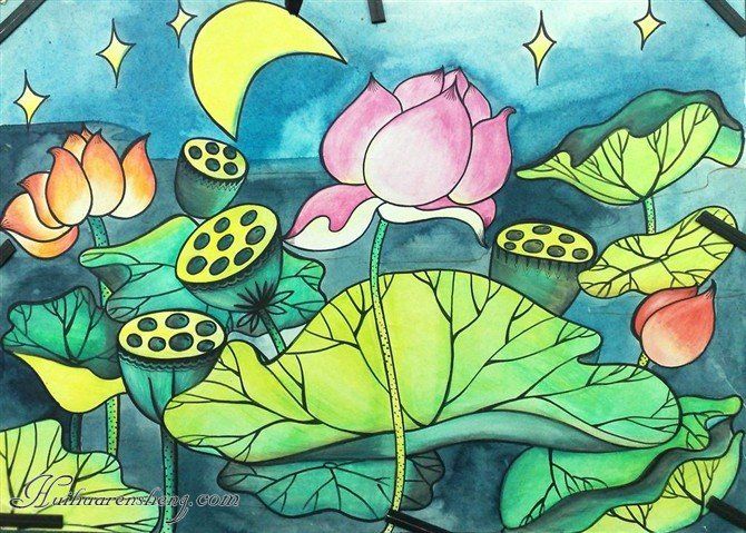 儿童水彩画:池塘里的荷花