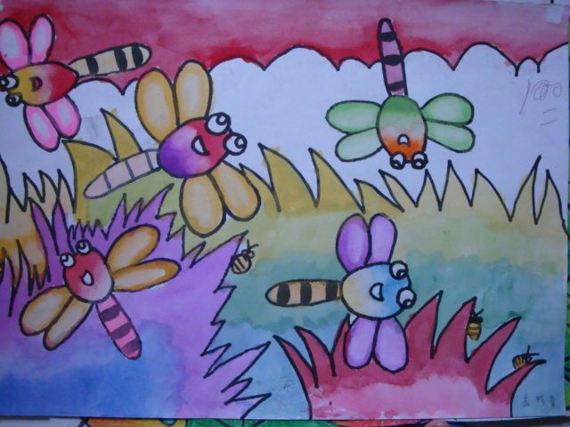 儿童水彩画:美丽的蜻蜓