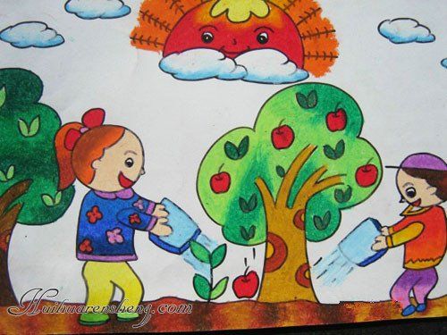 儿童水彩画:我们来浇花吧