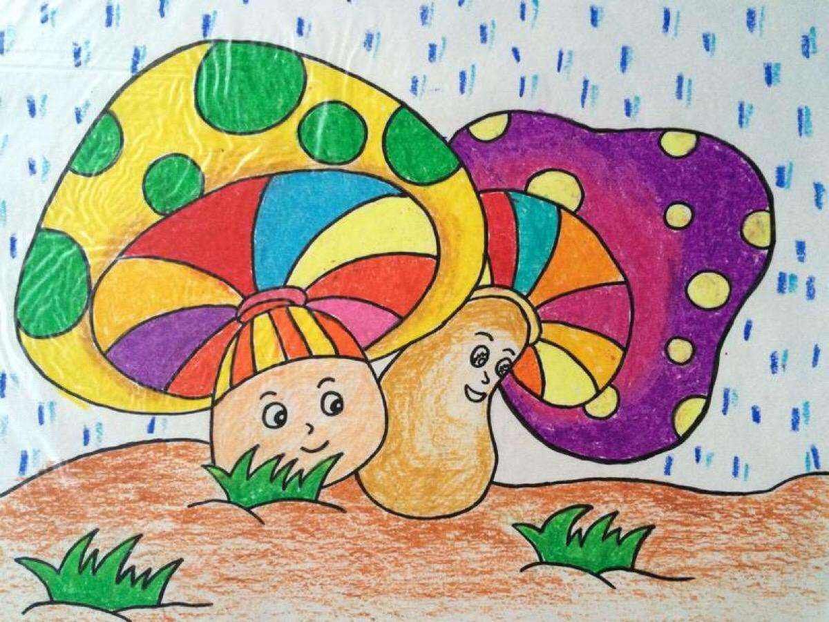 儿童水彩画:雨中蘑菇