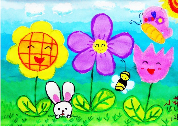 儿童水彩画:快乐的草坪