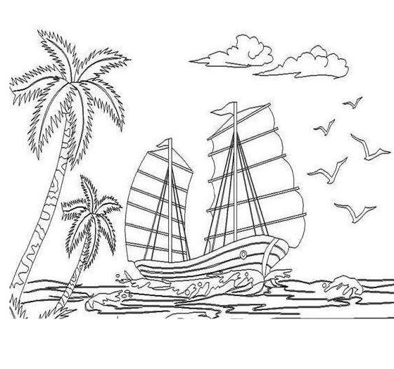 轮船简笔画和椰子树简笔画