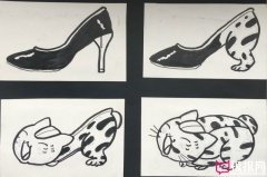 高跟鞋和小猫手绘装饰画，黑白装饰画图片