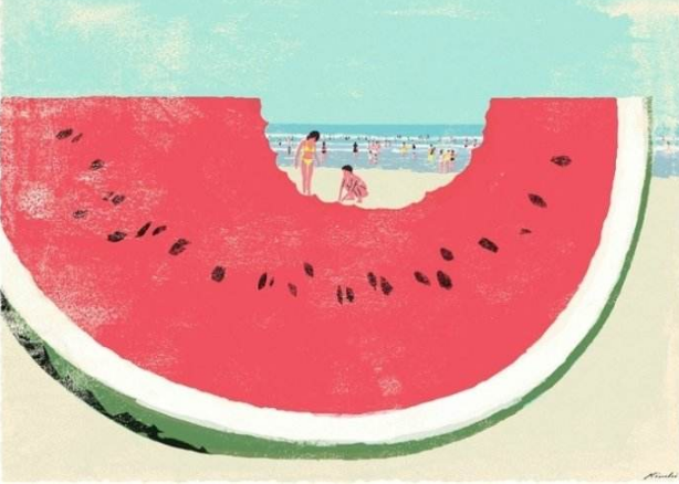 清凉一夏沙滩西瓜儿童画