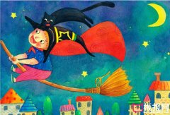 在空中飞行的女巫与她的猫，好看的儿童画图片