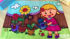 给花朵浇水的小姑娘，儿童画图片