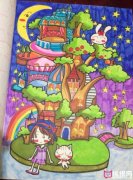 月光下的树木城堡，好看的儿童画图片