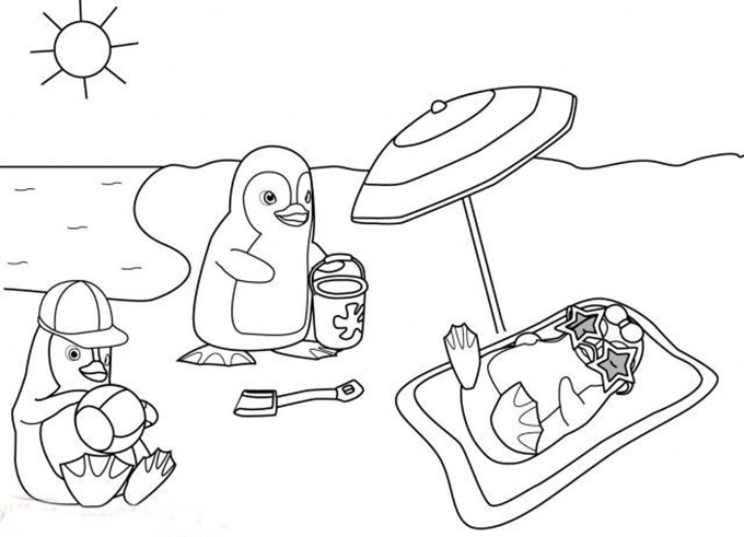 风景简笔画图片，三只小企鹅的沙滩之旅