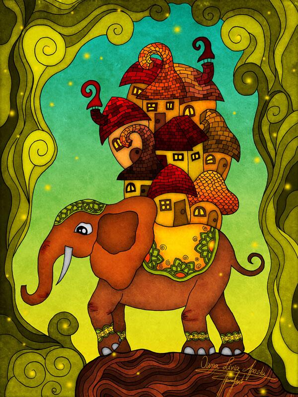 儿童插画教程，背着房屋的大象