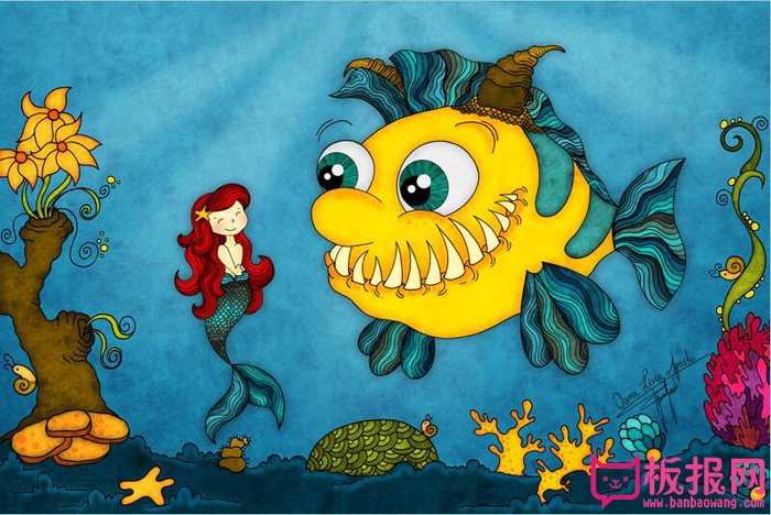 好看的儿童手绘插画，海底世界