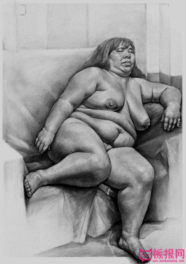 女人体写生素描，胖女人人体半躺素描