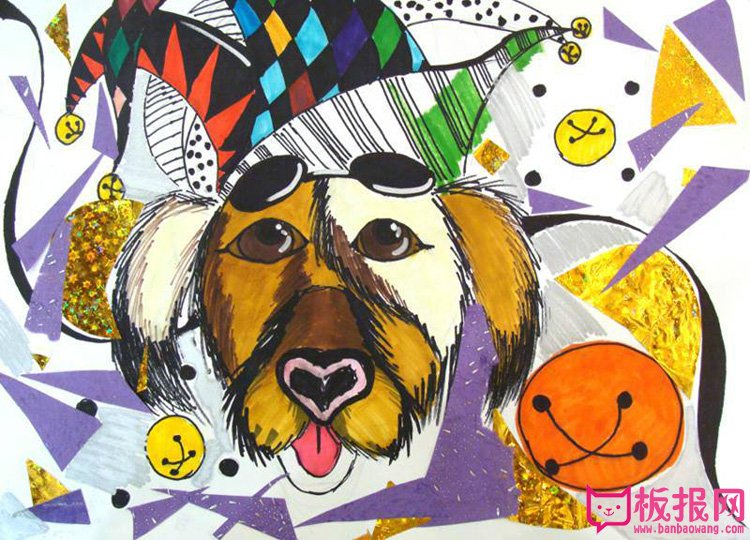 外国儿童创意涂鸦，戴礼帽的狗