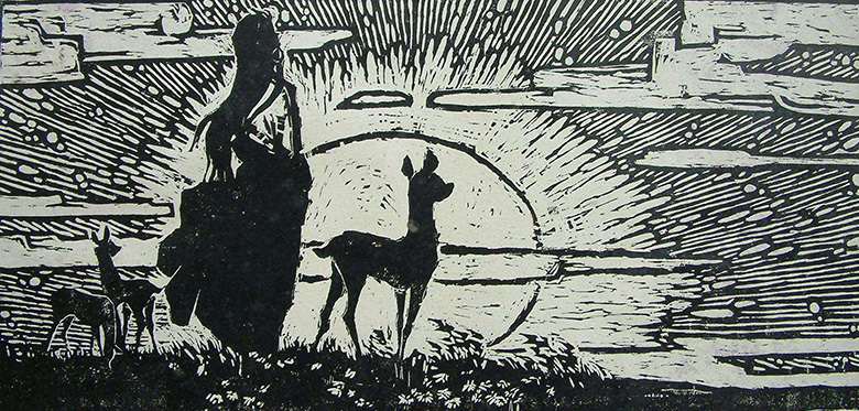 黑白木刻版画，女人和动物