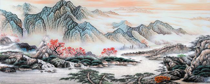水墨壁画，山水锦绣山河