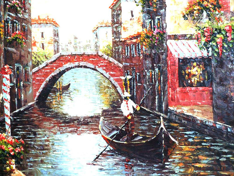油画风景，威尼斯水上城市风景图片