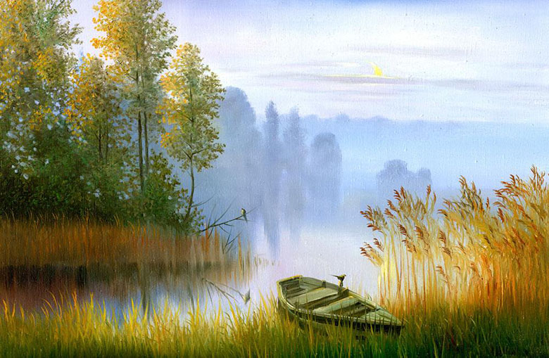 秋天风景油画图片，秋天湖泊木船
