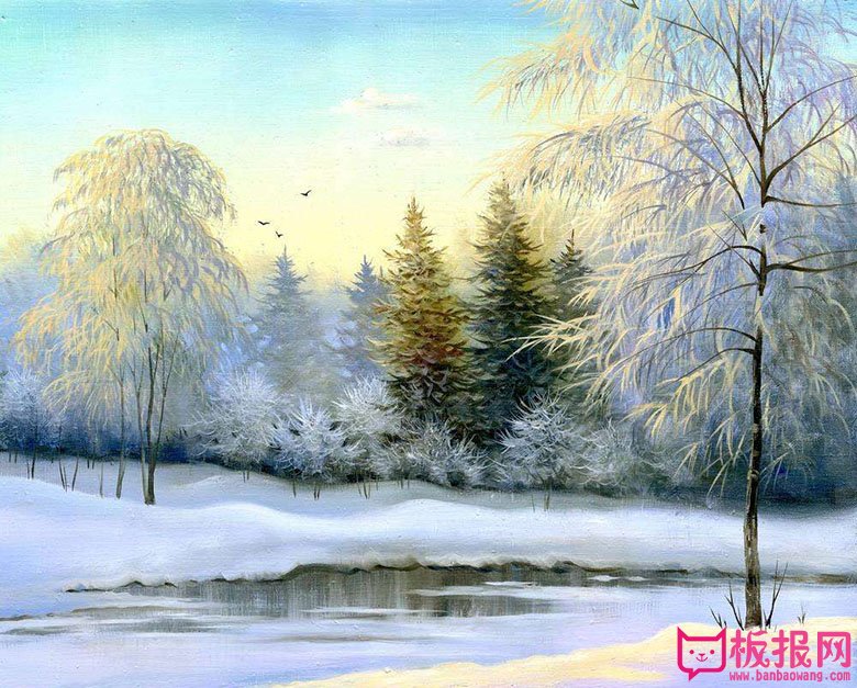 冬季风景油画图片，帆布油画图片
