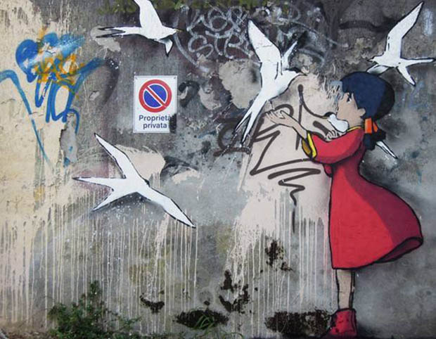 意大利街头创意卡通涂鸦，女孩和鸽子