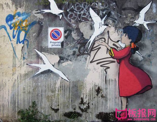 意大利街头创意卡通涂鸦，女孩和鸽子
