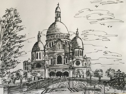 建筑风景速写，法国巴黎圣心大教堂速写图片