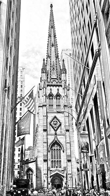 华尔街的三一教堂建筑速写图片