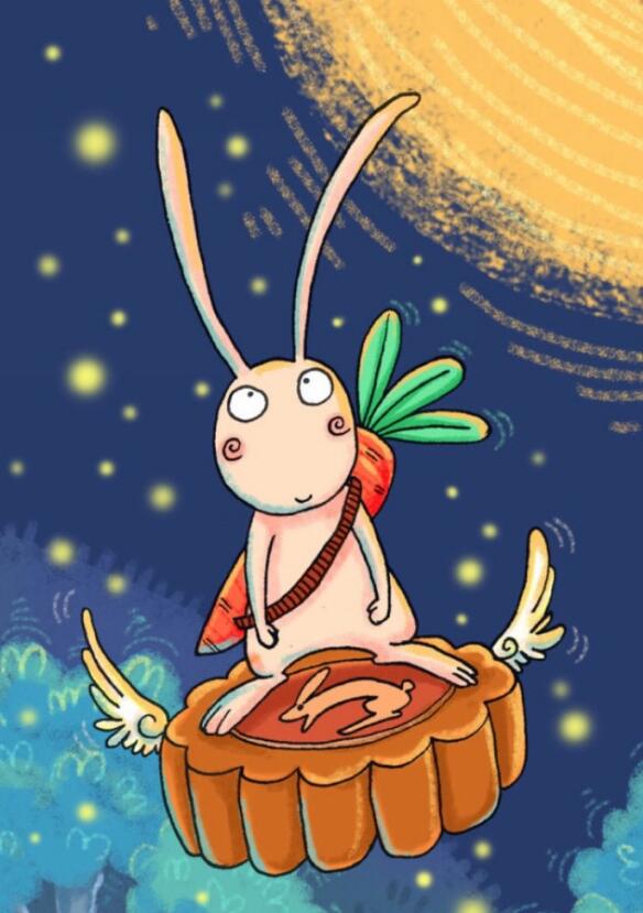 漂亮的中秋节插画，玉兔载月饼下凡