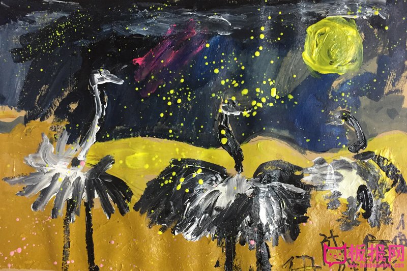 儿童创意水粉画作品图片，鸵鸟