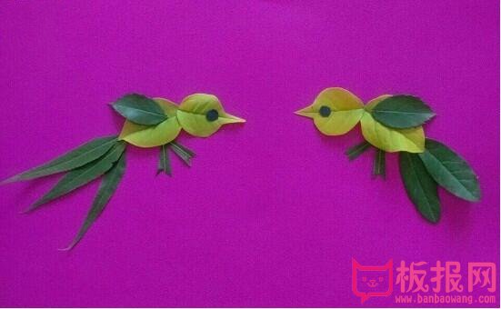 儿童创意树叶拼贴画教程，两只小鸟
