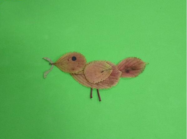 儿童创意树叶贴画教程，吃虫子的麻雀