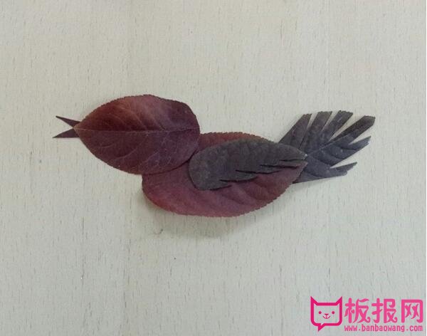 漂亮的树叶贴画制作方法，红色的小鸟