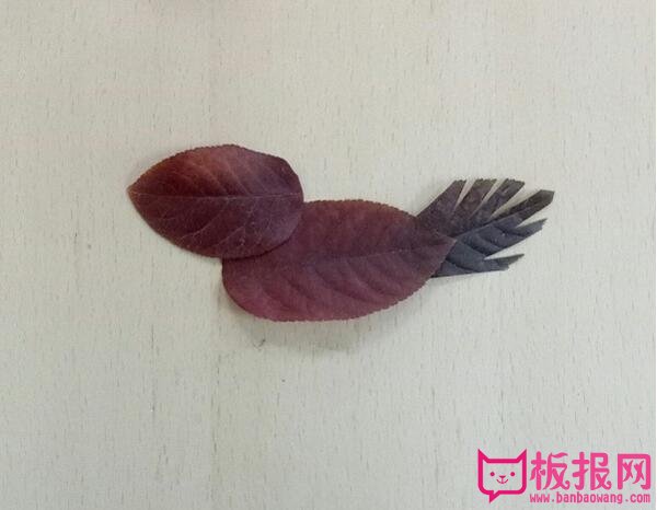漂亮的树叶贴画制作方法，红色的小鸟