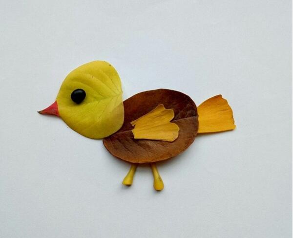 简单的手工树叶拼贴画制作方法，可爱的小鸟
