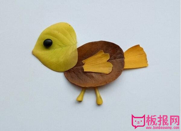 简单的手工树叶拼贴画制作方法，可爱的小鸟