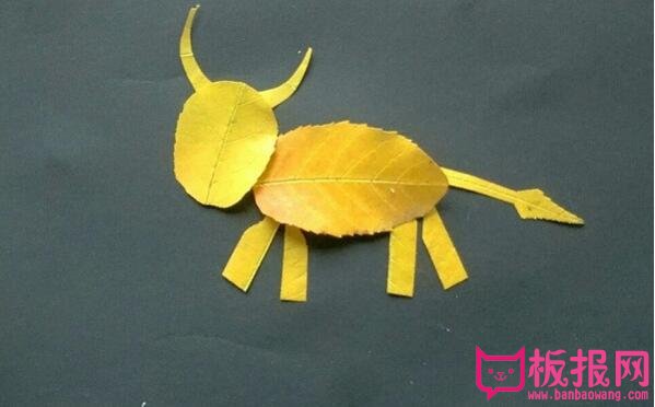 儿童树叶贴画制作方法，可爱的小金牛