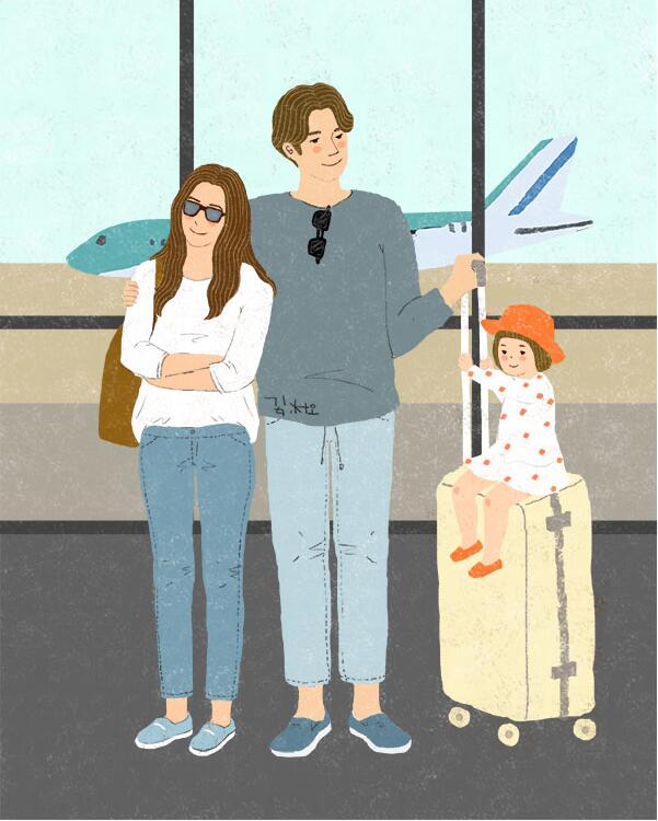 有爱的韩国手绘插画，一家人的旅行