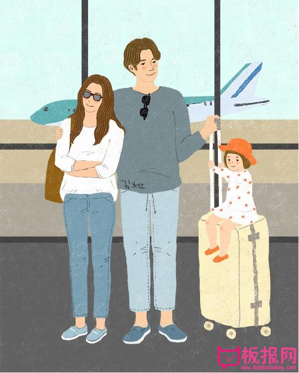 有爱的韩国手绘插画，一家人的旅行