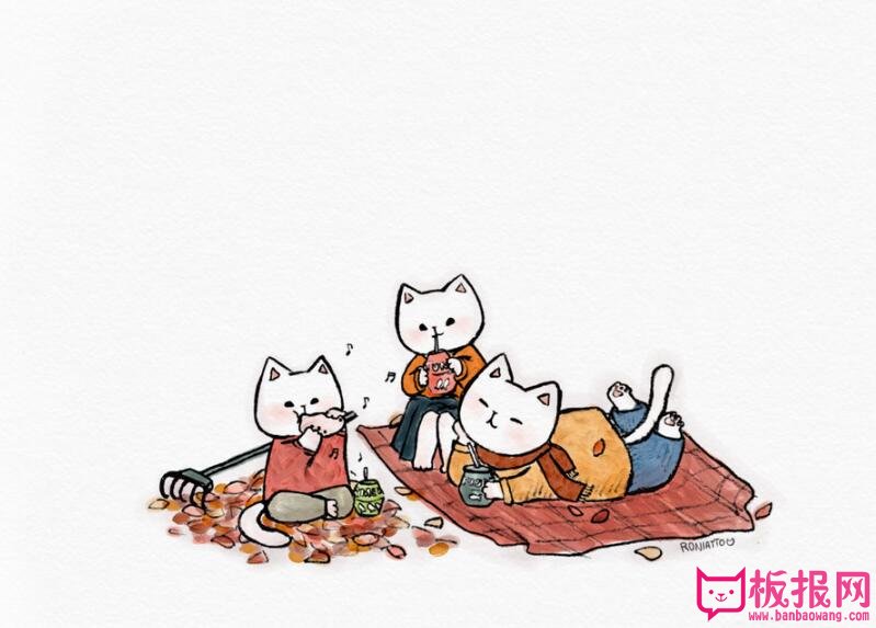 可爱的韩国手绘插画，小猫的秋游