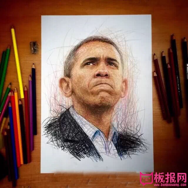 人物手绘彩铅画，美国前总统奥巴马