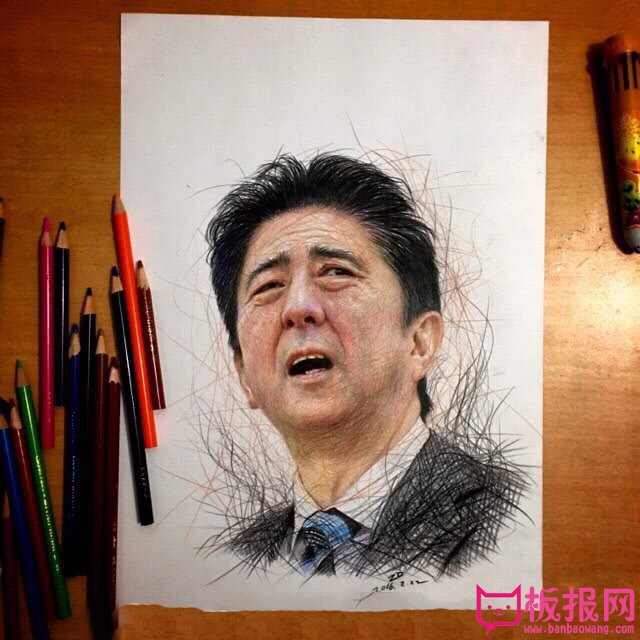 漂亮的手绘彩铅画作品，日本内阁总理大臣安倍晋三