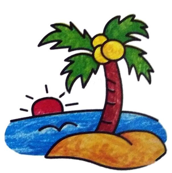海边风景简笔画图片，海边的椰子树