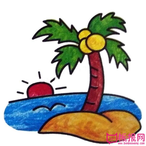 海边风景简笔画图片，海边的椰子树