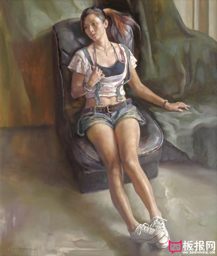 青年女人体油画图片，坐在沙发上的女人