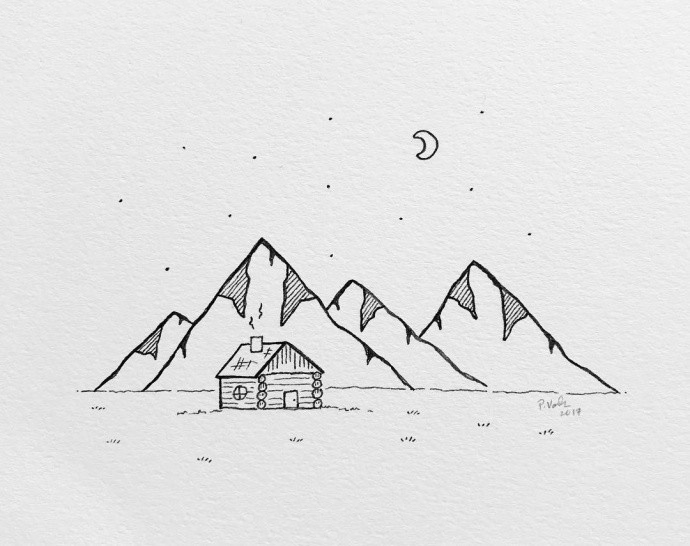 简单好看的风景简笔画，山下的房子