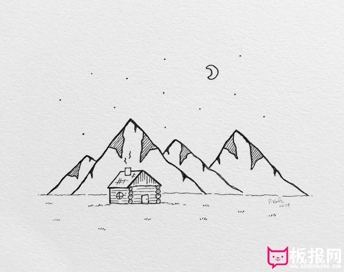 简单好看的风景简笔画，山下的房子