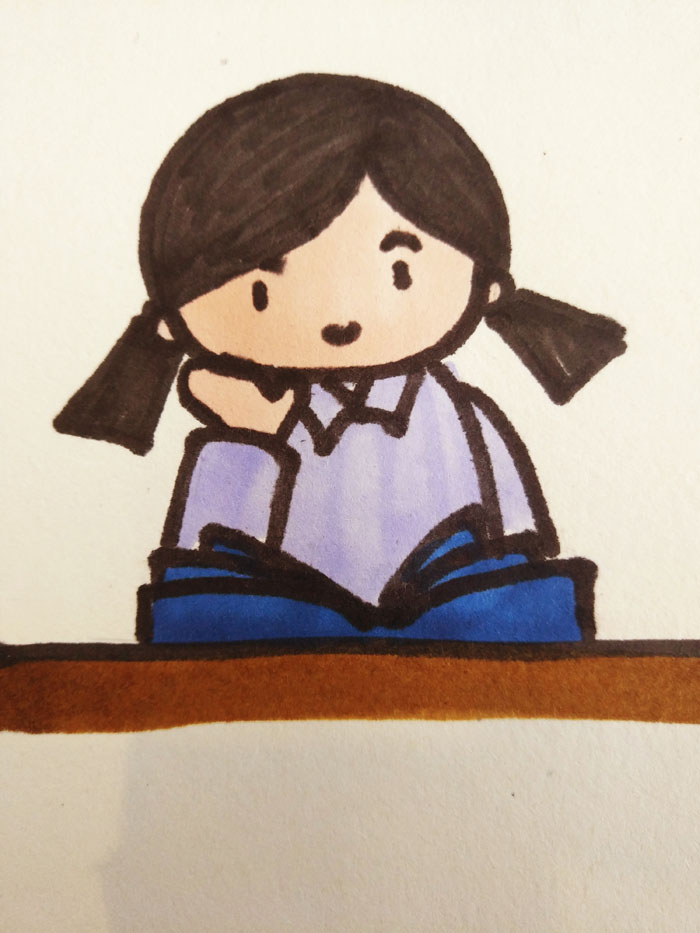 画一个女孩在看书Q版，小女孩坐着看书简笔画