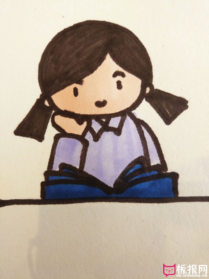 画一个女孩在看书Q版，小女孩坐着看书简笔画