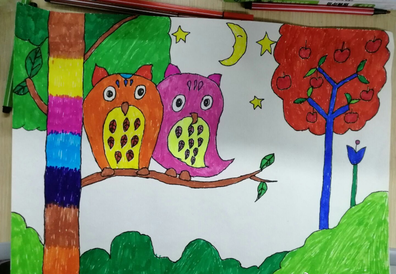 儿童水彩画:两只猫头鹰