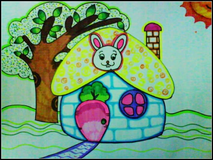 儿童水彩画:蘑菇状的小房子